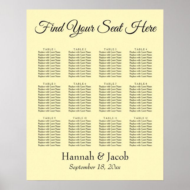 Plain Light Yellow Wedding Reception Seating Chart (Front)