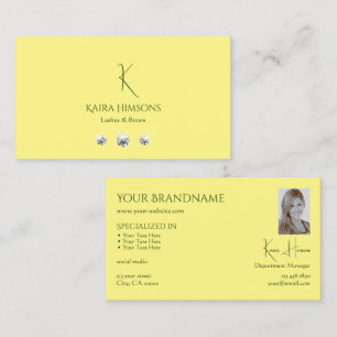 Plain Light Yellow with Monogram Photo and Jewels Business Card