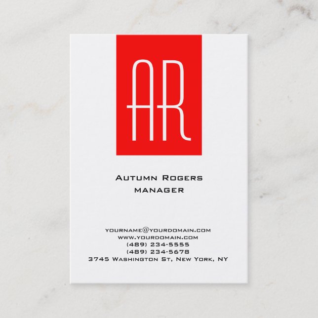 Plain minimalist black white red stripe monogram business card (Front)