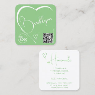 Plain Mint Green White Gorgeous Heart Logo QR Code Square Business Card