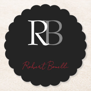 Plain Modern Black Red Monogrammed Initials Name Paper Coaster