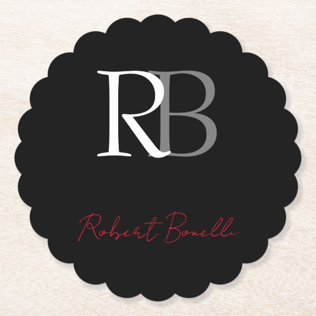 Plain Modern Black Red Monogrammed Initials Name Paper Coaster (Front)