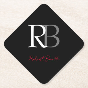 Plain Modern Black Red Monogrammed Initials Name Paper Coaster