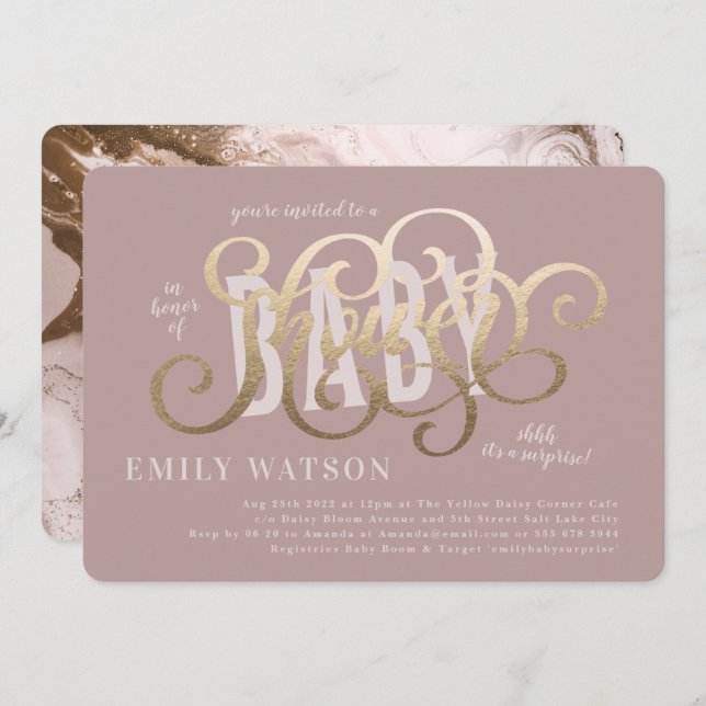 Plain Modern Gold White PINK Text Baby Shower Invitation (Front/Back)