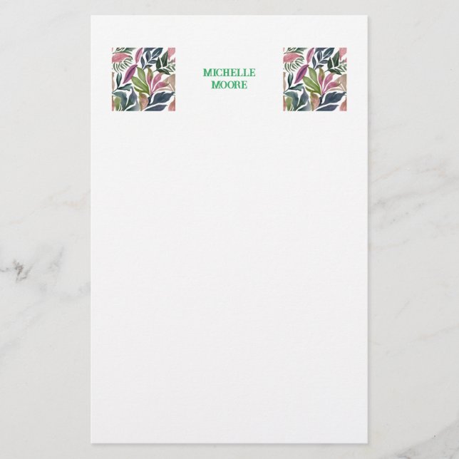 Plain Modern Minimalist Name Floral Greenery Stationery (Front)