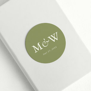Plain Modern Moss Green Classic Monogram Wedding Round Sticker