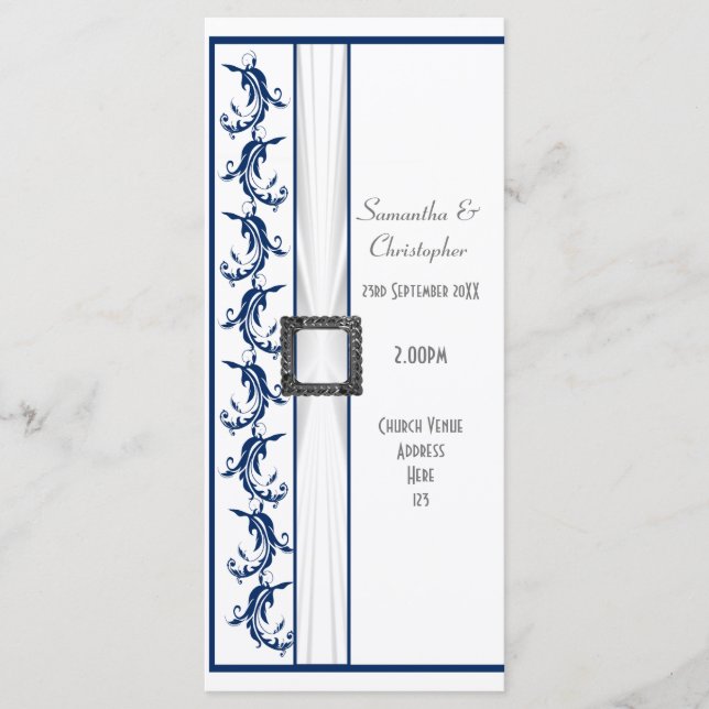 Plain navy blue and white church wedding program programme (Front)