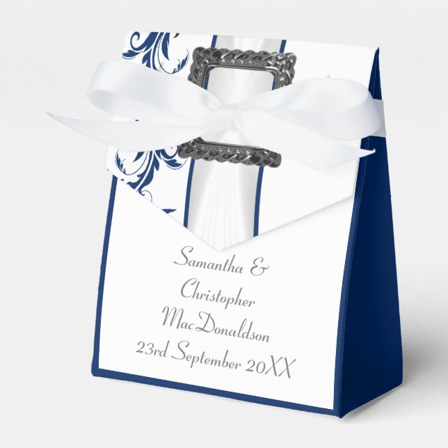Plain navy blue and white damask lace wedding favour box (Front Side)