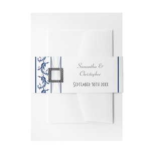 Plain navy blue and white traditional wedding invitation belly band