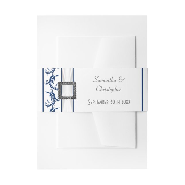 Plain navy blue and white traditional wedding invitation belly band (Front Example)