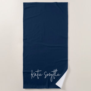 Plain Navy Blue Script Name Summer Beach Towel
