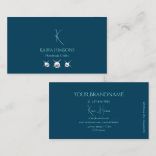 Plain Ocean Blue with Monogram and Jewels Stylish Business Card