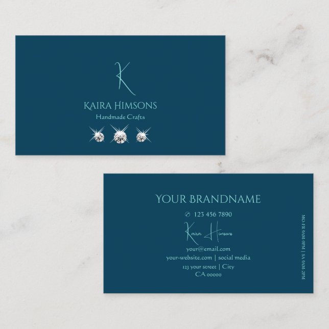 Plain Ocean Blue with Monogram and Jewels Stylish Business Card (Front/Back)