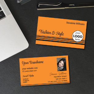 Plain Orange Black Stripes with Logo and Photo Business Card