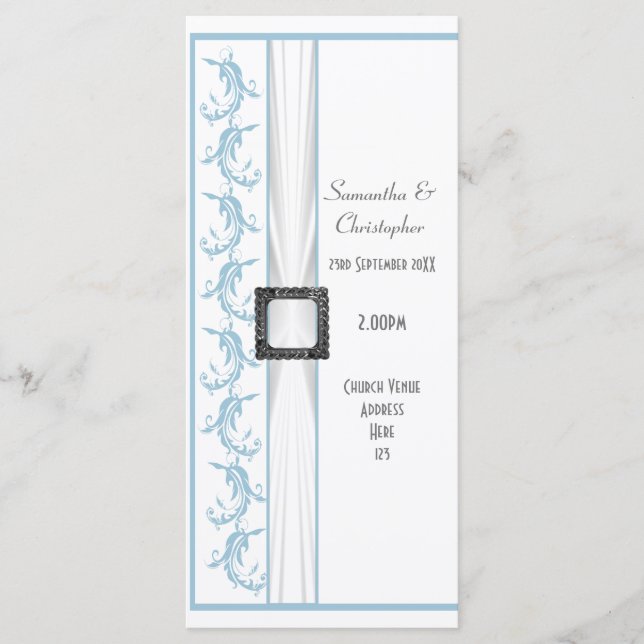 Plain pastel blue and white church wedding program programme (Front)