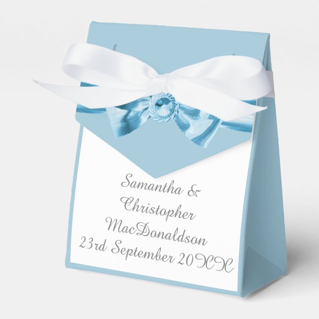 Plain pastel blue satin ribbon bow wedding favour box (Front Side)