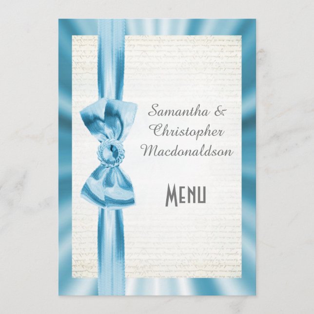 Plain pastel blue satin ribbon bow wedding menu (Front)