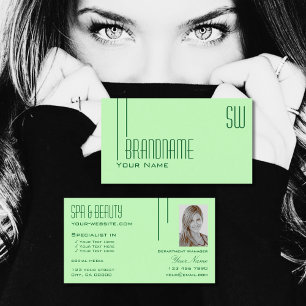 Plain Pastel Green with Monogram and Photo Modern Business Card