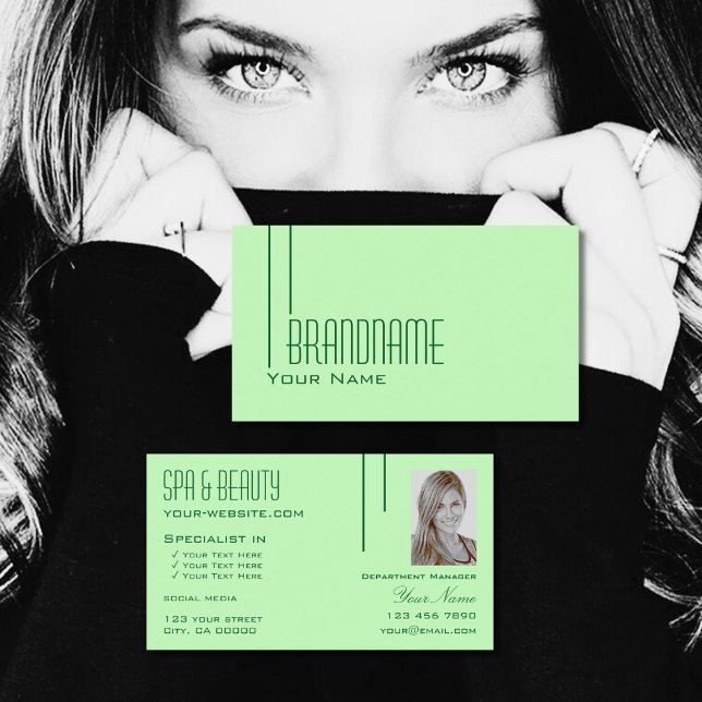 Plain Pastel Green with Photo Professional Modern Business Card (Creator Uploaded)