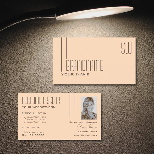 Plain Pastel Peach with Monogram and Photo Modern Business Card (Creator Uploaded)