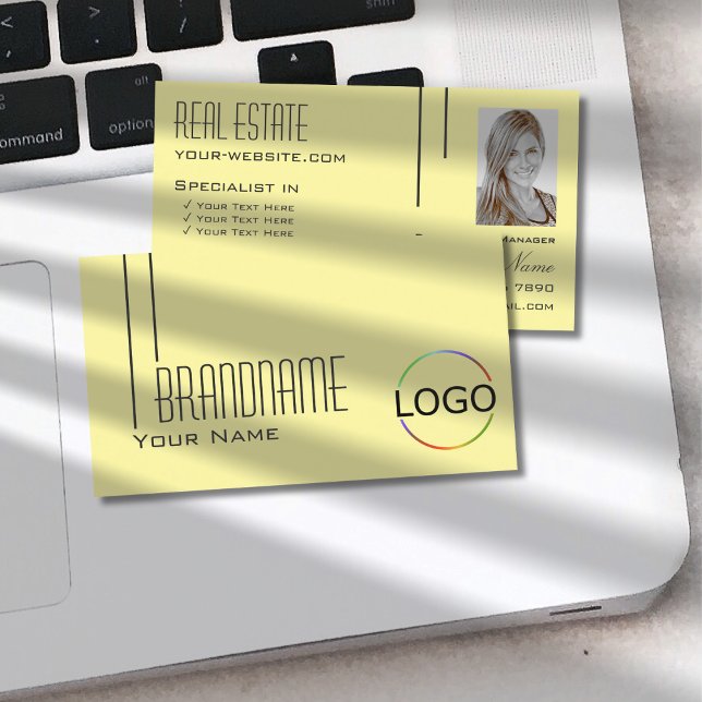Plain Pastel Yellow with Logo & Photo Professional Business Card (Creator Uploaded)