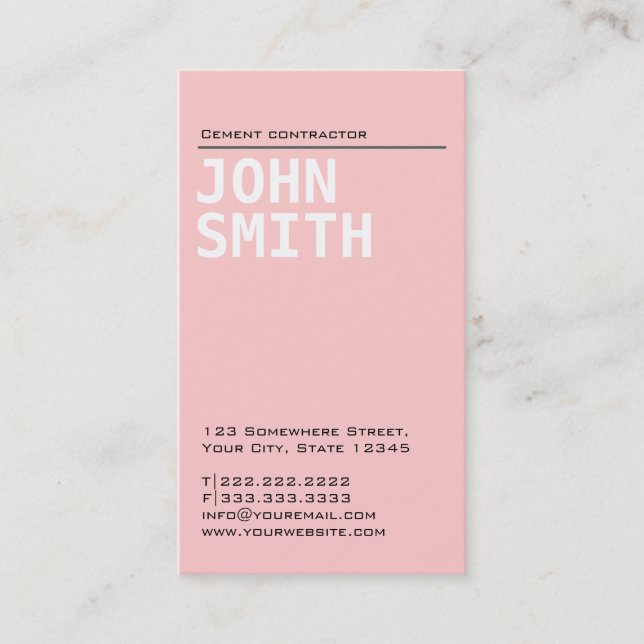 Plain Pink Cement Contractor Business Card (Front)
