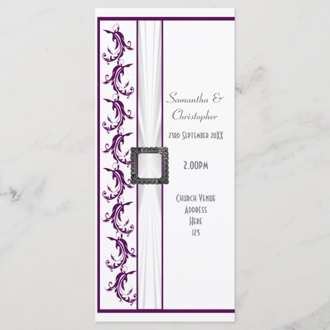 Plain purple and white church wedding program programme (Front)