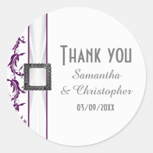 Plain purple and white lace thank you classic round sticker