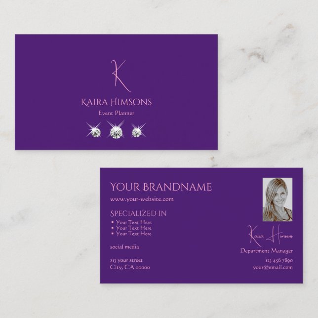 Plain Royal Purple with Monogram Photo and Jewels Business Card (Front/Back)