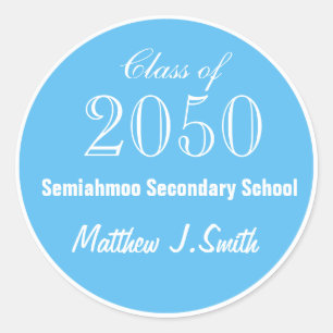 Plain, simple, elegant blue graduation stickers. classic round sticker