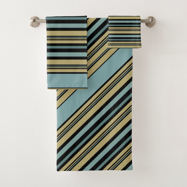 Plain Striped Olive green, Black and Grey Throw Pi Bath Towel Set (Insitu)