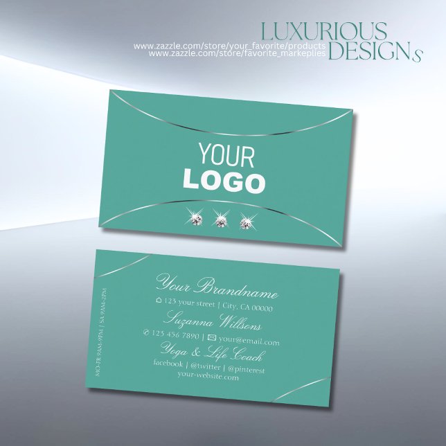Plain Teal Silver Decor Sparkle Diamonds and Logo Business Card (Creator Uploaded)