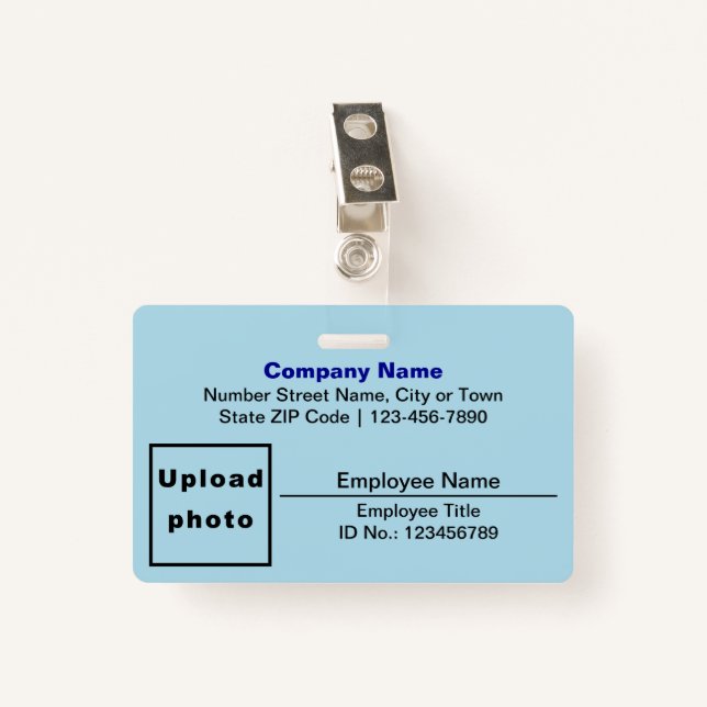 Plain Texts With Photo Rectangle Light Blue ID Badge (Front with Clip)