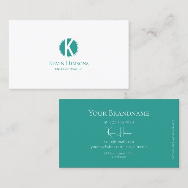 Plain White and Teal with Monogram Professional Business Card (Front/Back)