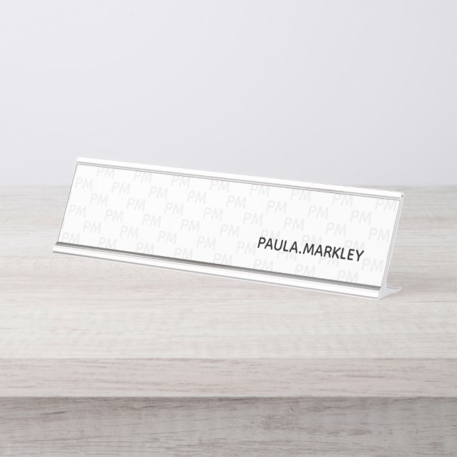 Plain White Grey Simple Modern Monogram Pattern Desk Name Plate (Front)