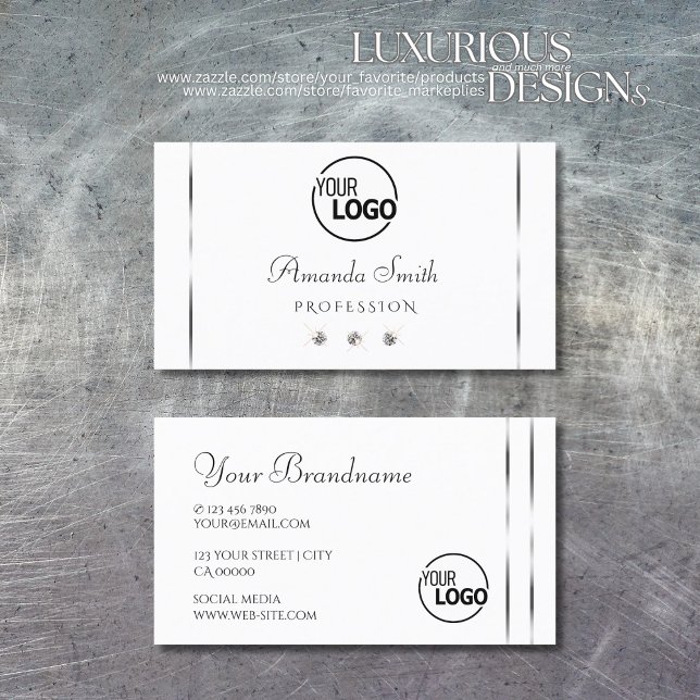 Plain White Silver Decor Sparkle Diamonds add Logo Business Card (Creator Uploaded)