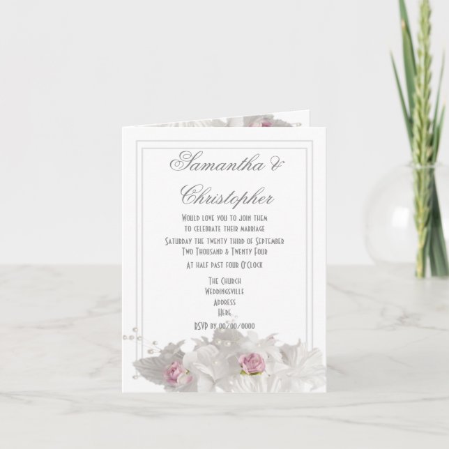Plain white simple floral wedding invitation (Front)