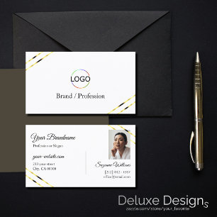 Plain White with Gold Lines Logo and Photo Business Card