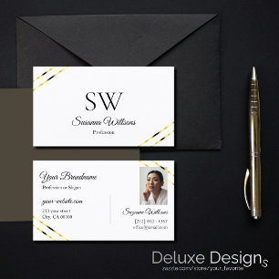 Plain White with Gold Lines Monogram and Photo Business Card