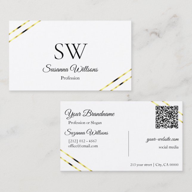 Plain White with Gold Lines Monogram and QR Code Business Card (Front/Back)