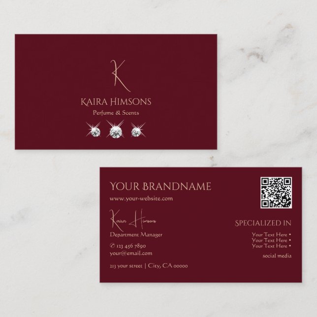 Plain Wine Red with Monogram QR-Code and Jewels Business Card (Front/Back)