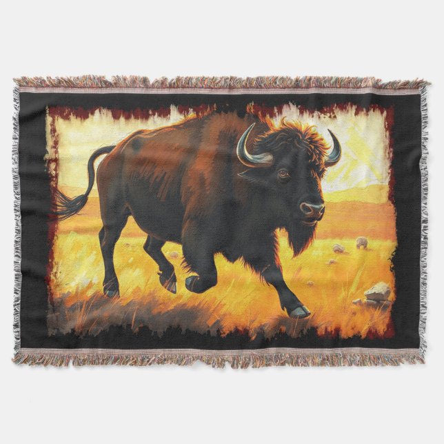 Plains Buffalo - Running American Buffalo Artwork Throw Blanket (Front)