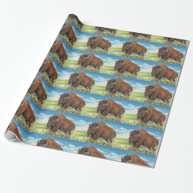 Plains Bull Buffalo American Bison Wildlife Art Wrapping Paper (Unrolled)