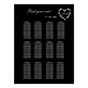 Plan de table florale noir et blanc cœur 12 poster