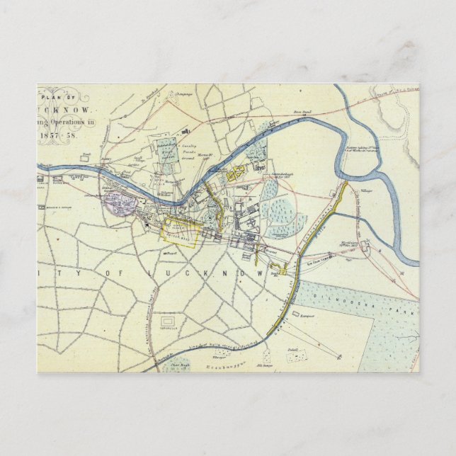 Plan of Lucknow showing Operations Postcard (Front)