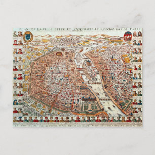 Plan of Paris bordered by a chronological Postcard