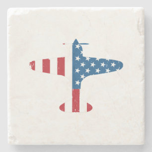 Plane Aircraft USA Flag Veteran Pilot Gift Stone Coaster