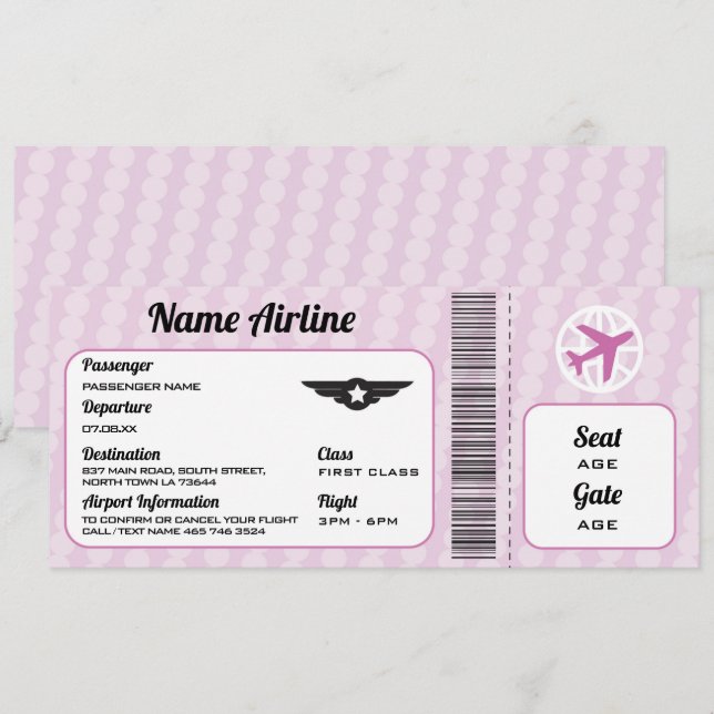 Plane Birthday Aeroplane Ticket Party Pink Invite (Front/Back)