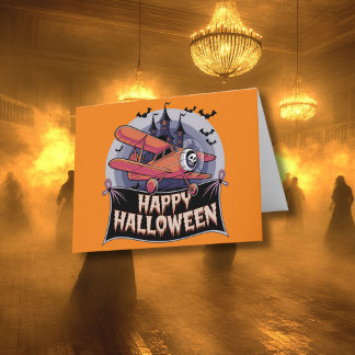 Plane flying over happy halloween banner  card