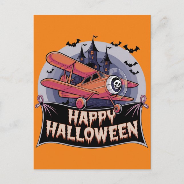 Plane flying over happy halloween banner  postcard (Front)